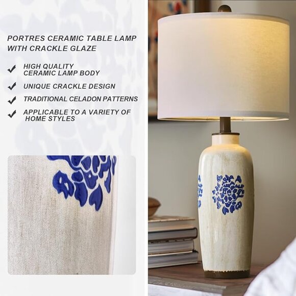 NEW!  24.75" Modern Ceramic Table Lamp for Bedroom Bedside Lamps Blue and White - Picture 3 of 4